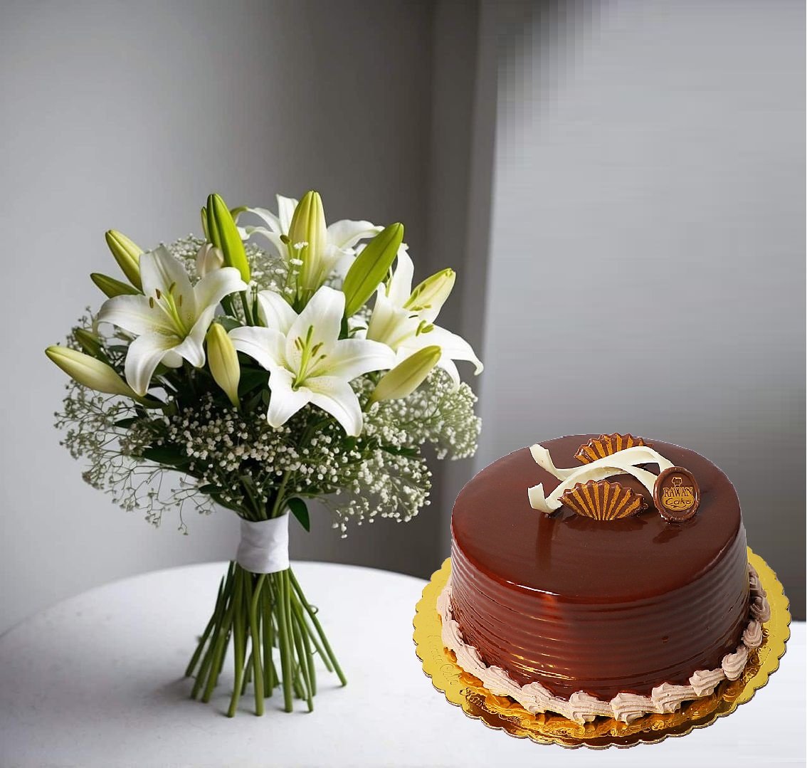 Lily Roses & Wafer Cake 1 أفضل خدمة توصيل ورد في عمان الأردن - توصيل في نفس اليوم لجميع المناسبات